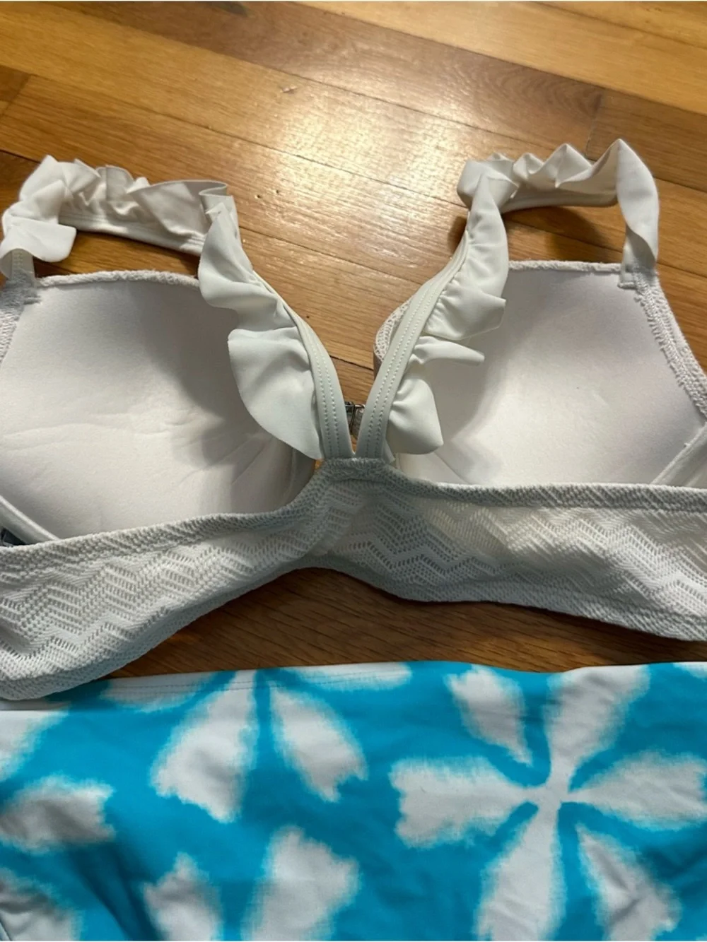 aerie‎ White Ruffle Strap Bikini Top with Blue Tie-Dye Bottoms